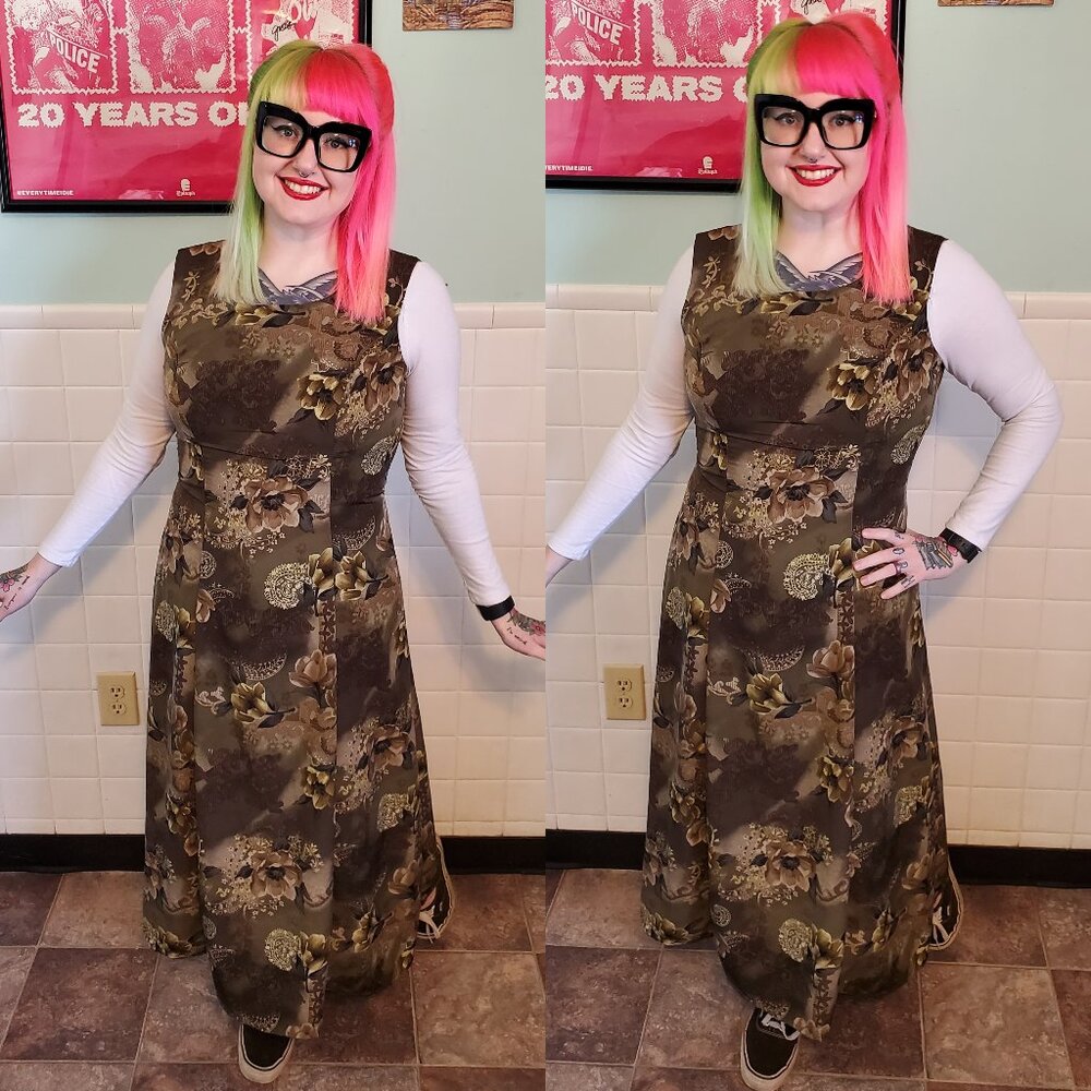 Vintage 90s Olive Moss Green Sleeveless A Line Maxi Dress Grunge Cottagegore